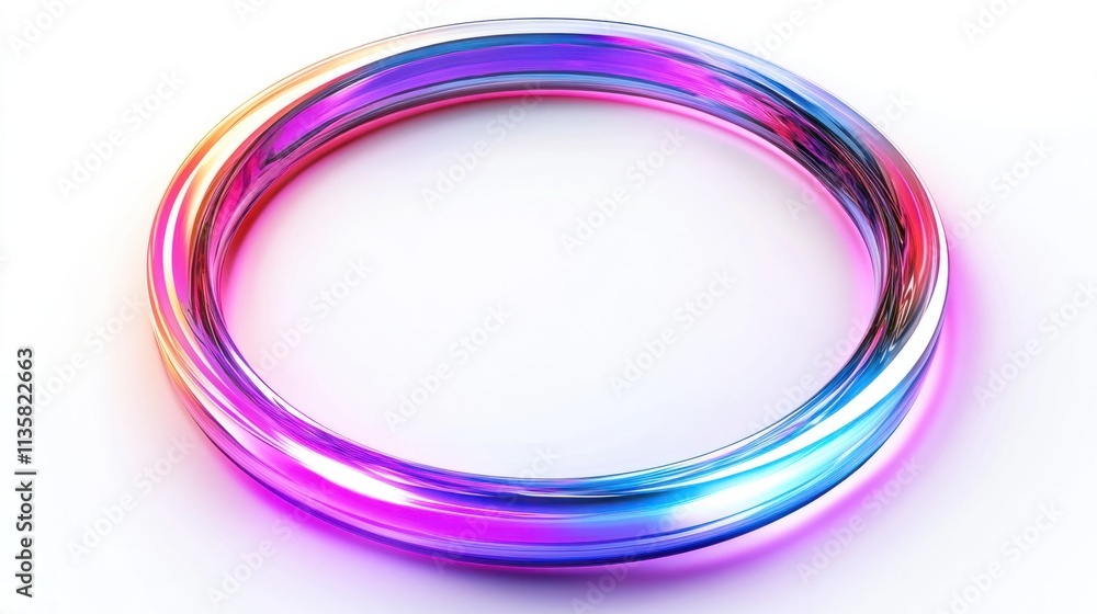 A vibrant holographic frame with metallic hues and a glowing outline, designed in an annular shape, on white A vibrant holographic frame with metallic hues and a glowing outline, designed in an annular shape, on white