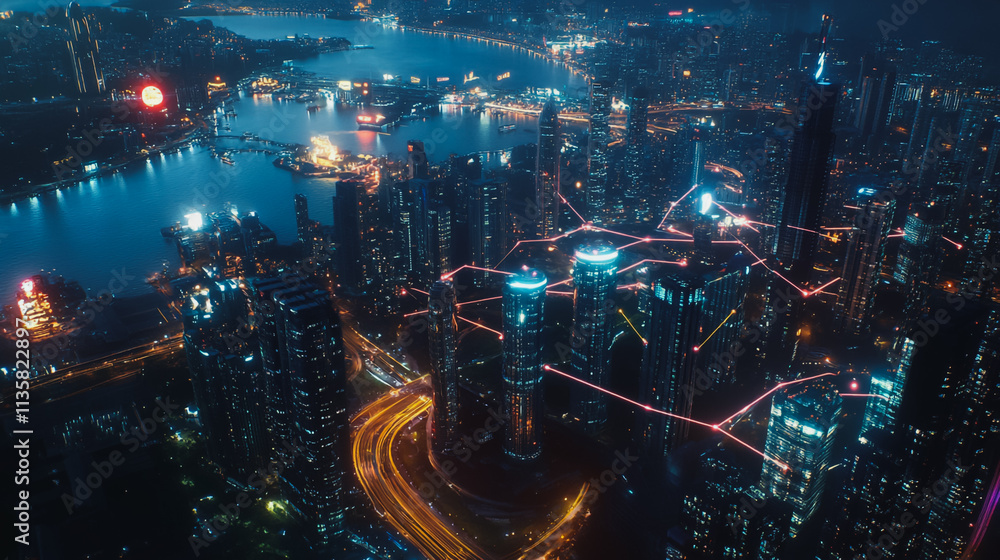Obraz premium Smart digital Innovation city with connection network reciprocity over the cityscape. of future smart wireless digital city and social media networking systems that connects people with in city