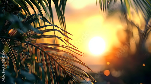 A palm tree with a leafy green stem and a sun in the background