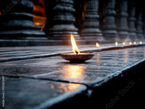 Elegant Diya Light Illuminates Wet Stone Pathway in Ancient Temple, Symbolizing Hope and Spirituality During Festival Celebrations at Night photo