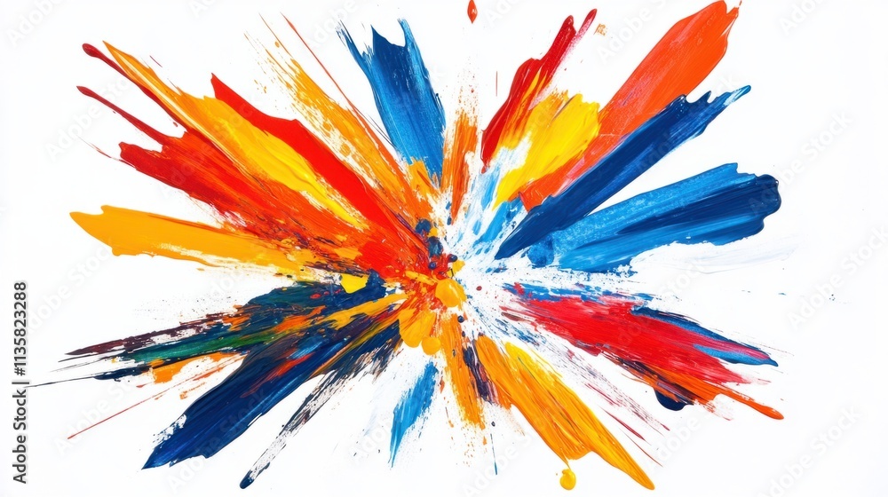 A bold explosion of paint in primary colors, creating a dynamic and abstract burst, isolated on white A bold explosion of paint in primary colors, creating a dynamic and abstract burst, isolated on white