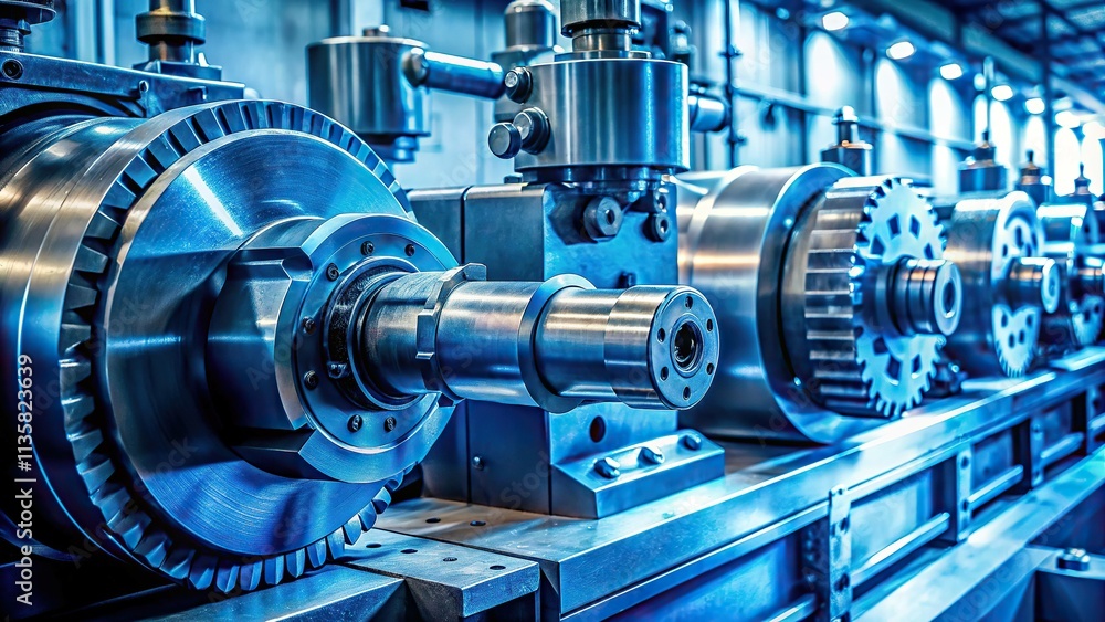 Eye-level shot of industrial machinery, pearly sapphire blue, strong steel accents, subtle light reflecting off surfaces, high contrast, sharp focus, evoking strength and resilience. Eye-level shot of industrial machinery, pearly sapphire blue, strong steel accents, subtle light reflecting off surfaces, high contrast, sharp focus, evoking strength and resilience.