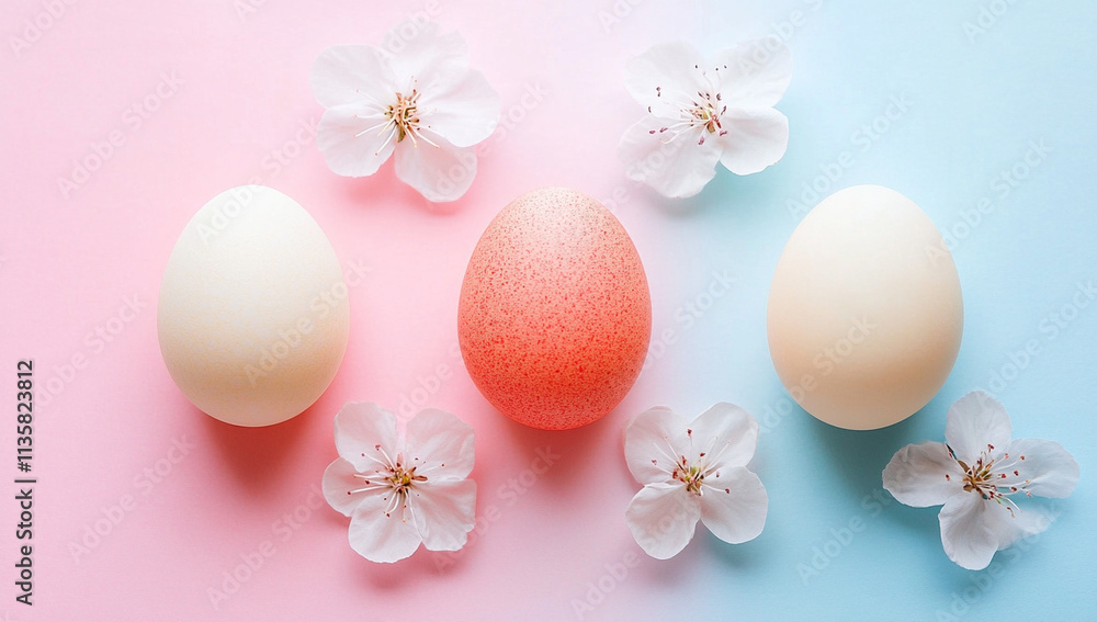 Easter eggs in pastel colors surrounded by delicate flowers create serene and festive atmosphere. soft hues of pink and blue enhance joyful spirit of season Easter eggs in pastel colors surrounded by delicate flowers create serene and festive atmosphere. soft hues of pink and blue enhance joyful spirit of season