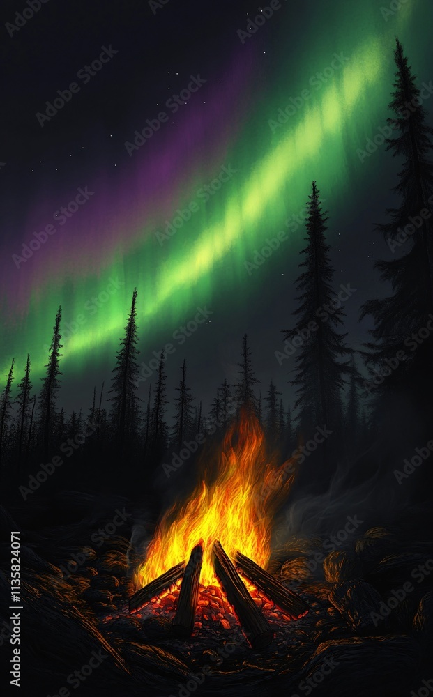 Campfire Under Aurora Borealis Night Sky Campfire Under Aurora Borealis Night Sky