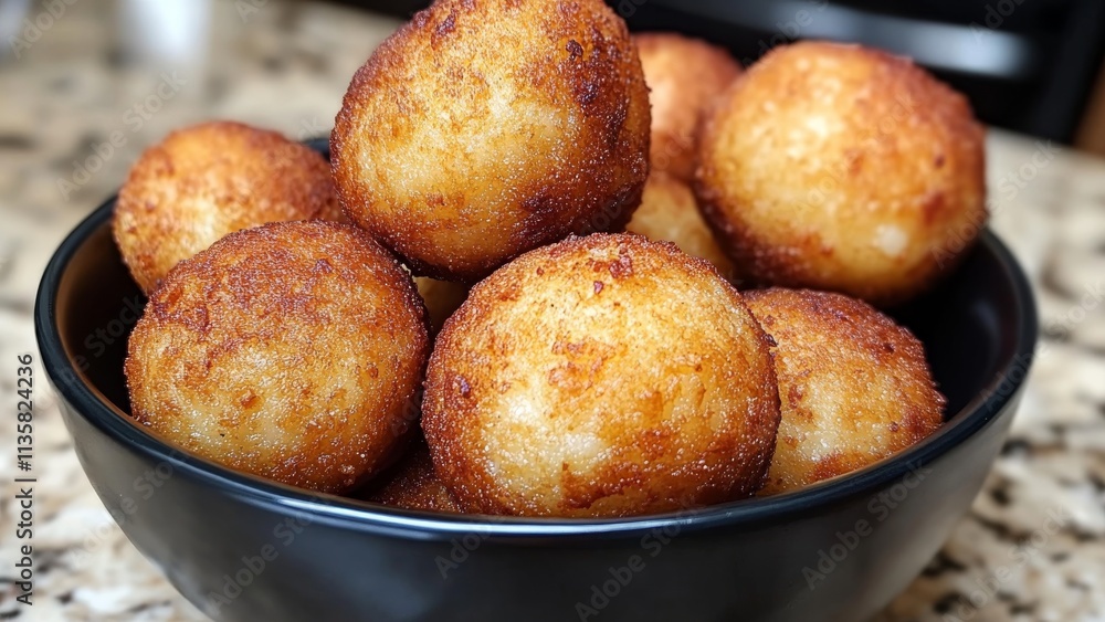 Savory golden fried balls served in a black bowl for snacks Savory golden fried balls served in a black bowl for snacks