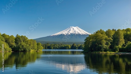 A stunning lake with a mountain reflection, tall trees in front of it, lush foliage around and behind the water's surface, a distant view of a massive volcano in the distance, and a clear blue sky.