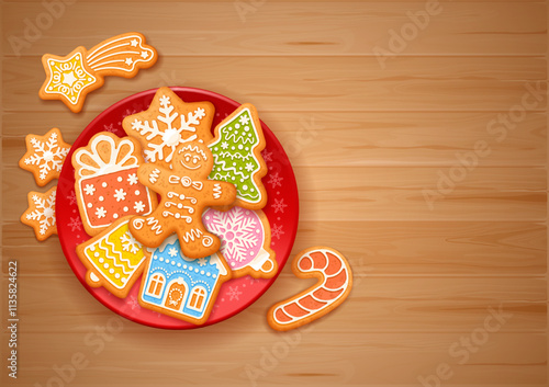 Various shaped gingerbread cookies on the red plate with snowflakes. Dish with Christmas gingerbread cookies standing on the wooden table. Christmas and New Year background. Vector illustration