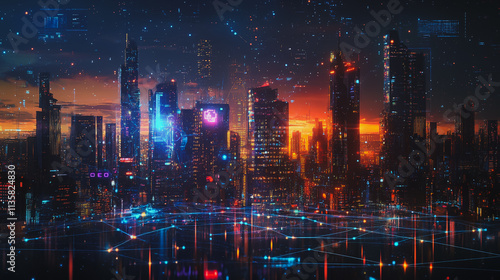 Wallpaper Mural Smart digital Innovation city with connection network reciprocity over the cityscape. of future smart wireless digital city and social media networking systems that connects people with in city Torontodigital.ca