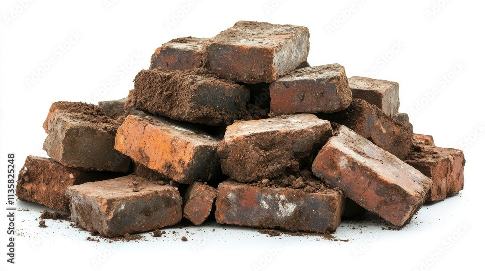 Pile of Weathered Bricks with Dirt on a White Background, Ideal for Construction, Renovation, or Architectural Projects and Designing Urban Landscapes Pile of Weathered Bricks with Dirt on a White Background, Ideal for Construction, Renovation, or Architectural Projects and Designing Urban Landscapes