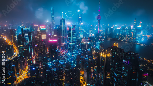 Wallpaper Mural Smart digital Innovation city with connection network reciprocity over the cityscape. of future smart wireless digital city and social media networking systems that connects people with in city Torontodigital.ca