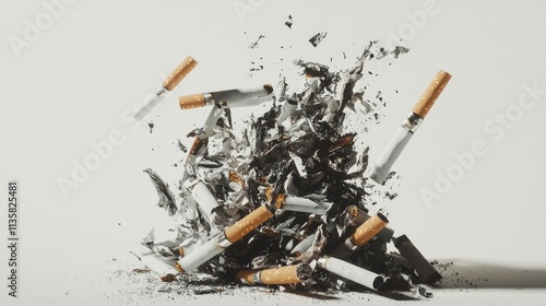 Crushed Cigarettes and Tobacco Remnants Explode in a Dynamic Display of Destruction, Symbolizing the Harmful Effects of Smoking and Tobacco Usage photo