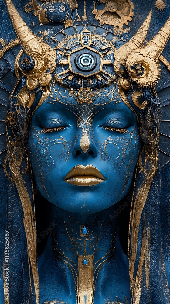 Obraz premium Blue Woman Futuristic Portrait Gold Cosmic Accents Intricate Artistic Design Illustration