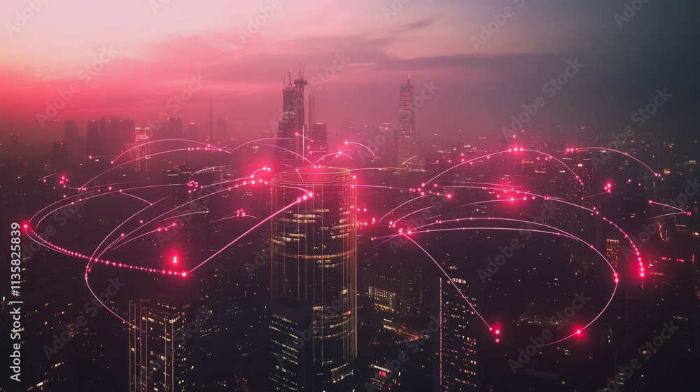 Fototapeta premium Smart digital Innovation city with connection network reciprocity over the cityscape. of future smart wireless digital city and social media networking systems that connects people with in city