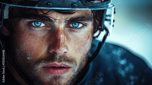 Hot hockey player with dark hair, stubble, and blue eyes, wearing a helmet and posing for a stylish Vogue-style magazine ad. Confident athlete showcasing hockey fashion, strength, and athleticism. photo