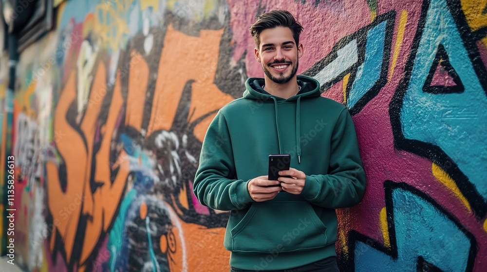 Smiling Young Man in Green Hoodie Holding Phone by Colorful Wall Smiling Young Man in Green Hoodie Holding Phone by Colorful Wall