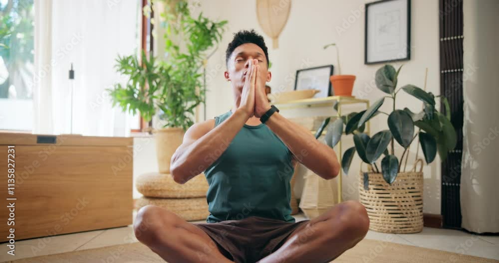 Meditation, yoga and man with breathe for peace, calm and zen or mental health balance. Holistic, thinking and person with mindfulness, chakra and spiritual growth in home or apartment living room Meditation, yoga and man with breathe for peace, calm and zen or mental health balance. Holistic, thinking and person with mindfulness, chakra and spiritual growth in home or apartment living room