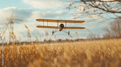 An empty scene featuring blank mockup template filled with the Wright Flyer depicted mid-flight over an empty field with tall grass swaying,  photo