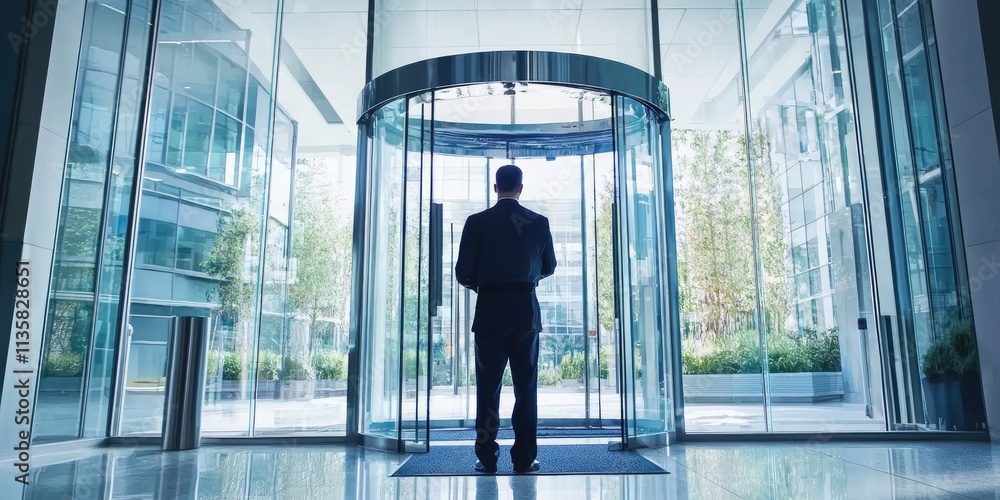 A security guard standing watch against a high-tech glass door in a corporate building. A security guard standing watch against a high-tech glass door in a corporate building.