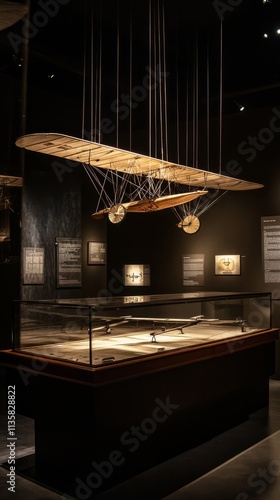 An empty scene featuring blank mockup template filled with a broken wooden piece of the Wright Flyer resting on a museum display table, surrounded by aged labels and artifacts,  photo