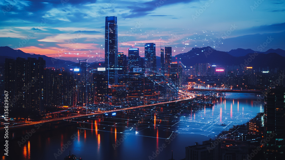 Fototapeta premium Smart digital Innovation city with connection network reciprocity over the cityscape. of future smart wireless digital city and social media networking systems that connects people with in city