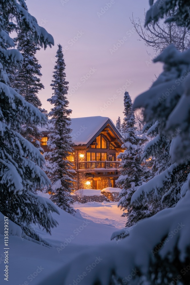 Fototapeta premium Cozy cabin in snowy woods