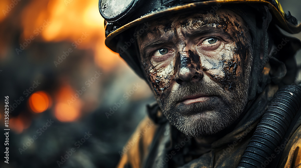 Firefighter with soot covered face, showing determination and resilience Firefighter with soot covered face, showing determination and resilience