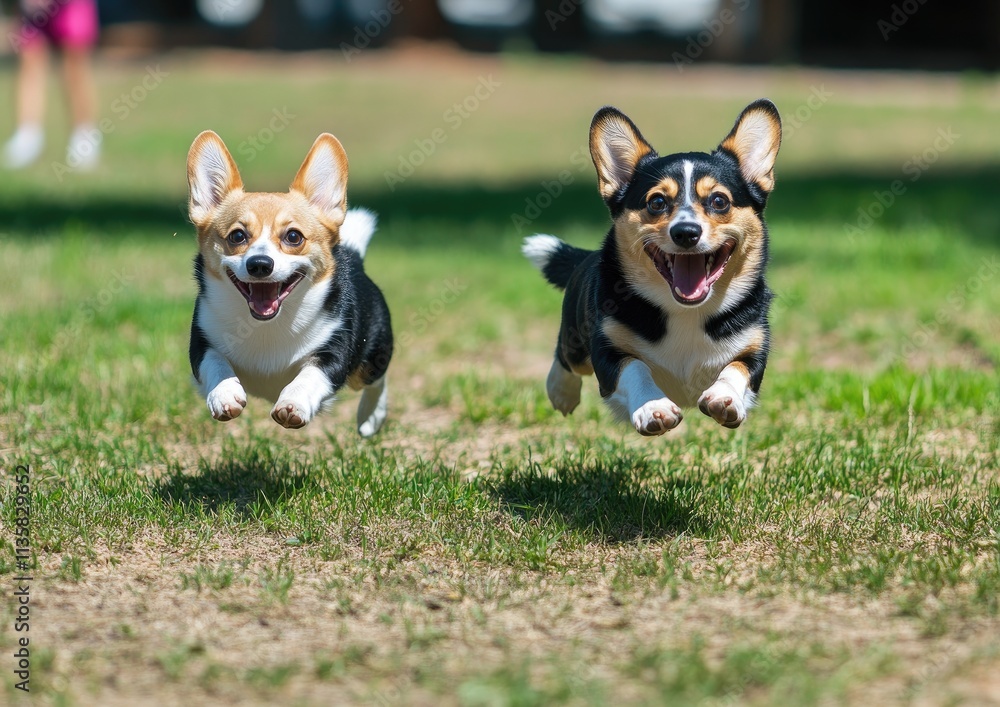 Corgi dog and cat running on the grass, cute happy faces Corgi dog and cat running on the grass, cute happy faces