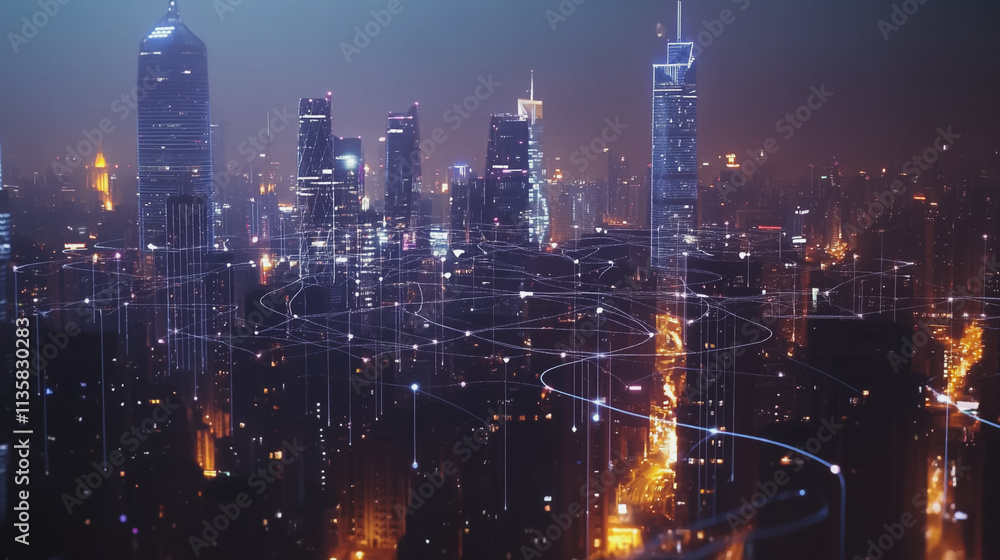 custom made wallpaper toronto digitalSmart digital Innovation city with connection network reciprocity over the cityscape. of future smart wireless digital city and social media networking systems that connects people with in city