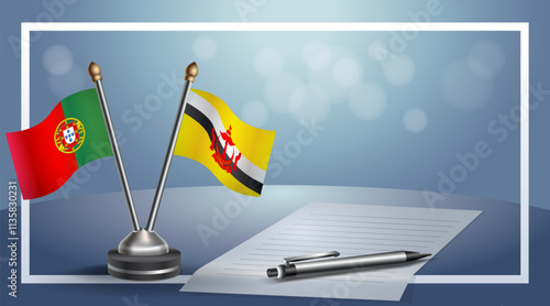 Portugal and Brunei National flags on small table with bokeh background, cooperative relationship