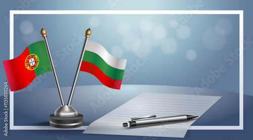 Portugal and Bulgaria National flags on small table with bokeh background, cooperative relationship