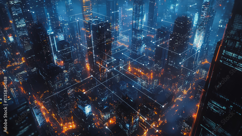 Fototapeta premium Smart digital Innovation city with connection network reciprocity over the cityscape. of future smart wireless digital city and social media networking systems that connects people with in city