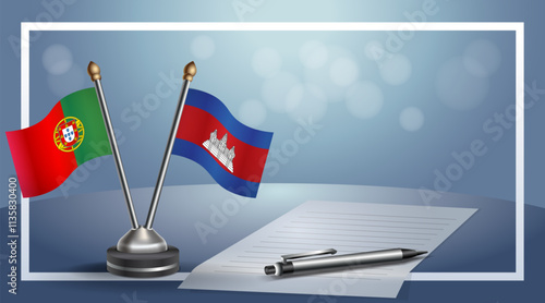 Portugal and Cambodia National flags on small table with bokeh background, cooperative relationship