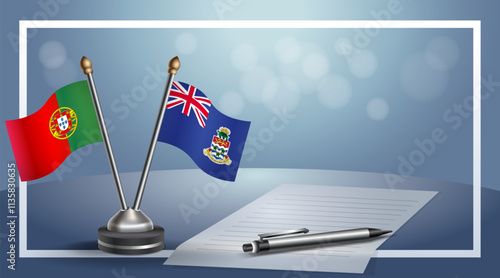 Portugal and Cayman Islands National flags on small table with bokeh background, cooperative relationship