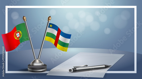 Portugal and Central African Republic National flags on small table with bokeh background, cooperative relationship