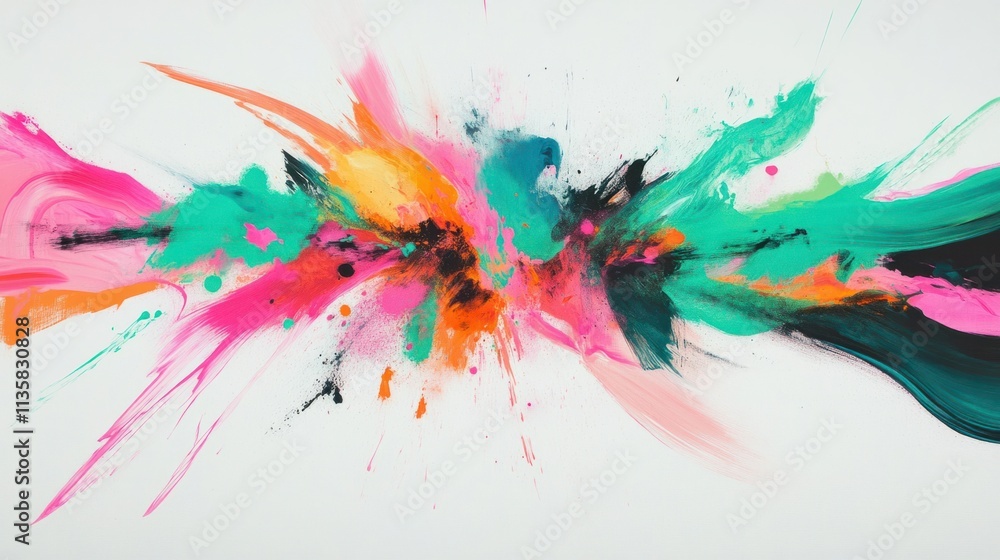 A spray of dynamic neon colors including green, pink, and turquoise, forming an energetic burst, on white A spray of dynamic neon colors including green, pink, and turquoise, forming an energetic burst, on white