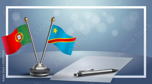 Portugal and Congo National flags on small table with bokeh background, cooperative relationship