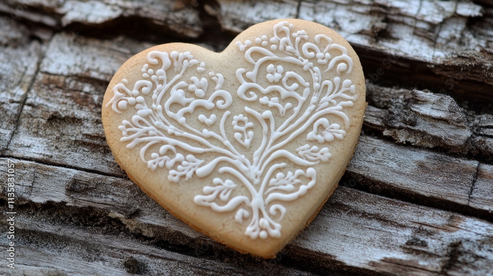 Obraz premium Heart-shaped Valentine cookie with intricate lace icing design rests on a rustic wooden surface