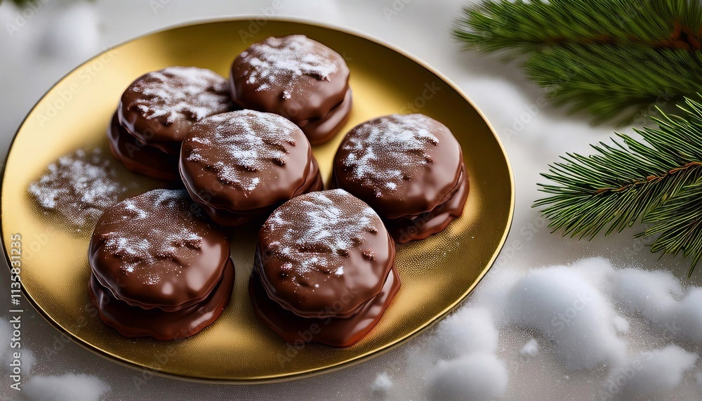 chocolate covered cookies on snow and fir tree branches - christmas background chocolate covered cookies on snow and fir tree branches - christmas background