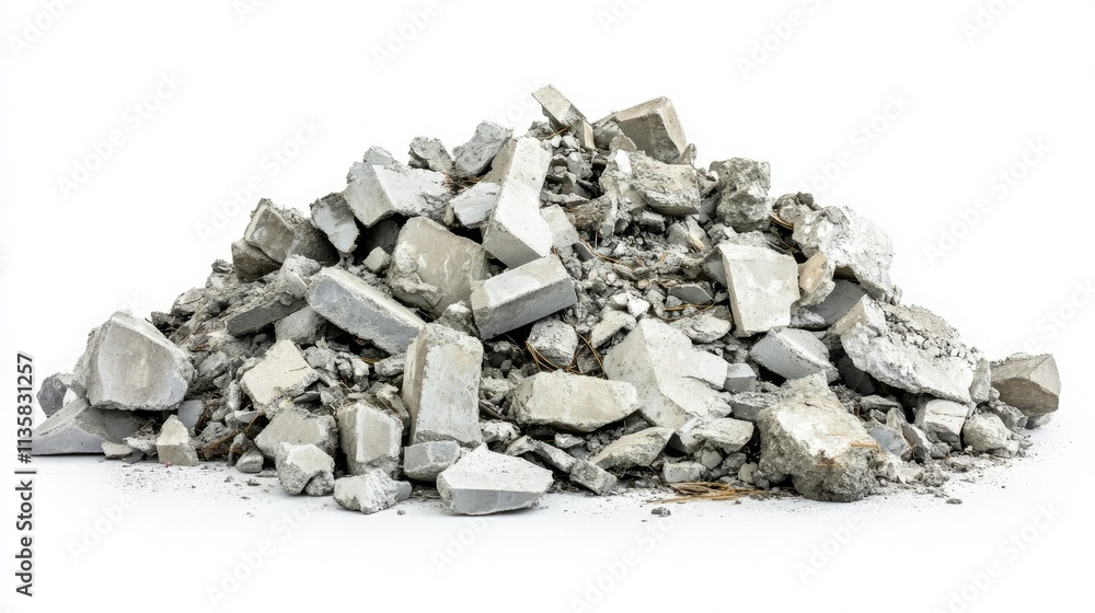 Pile of Broken Concrete and Construction Debris Ideal for Landscaping, Construction Sites, or Renovation Projects on a White Background Pile of Broken Concrete and Construction Debris Ideal for Landscaping, Construction Sites, or Renovation Projects on a White Background