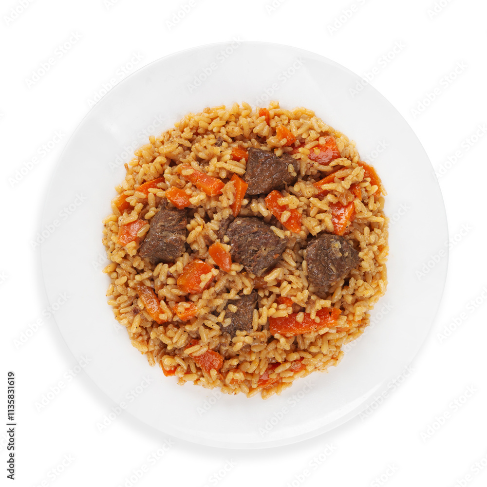 Pilaf, rice with beef and carrots, top view, on a white background, isolated. Pilaf, rice with beef and carrots, top view, on a white background, isolated.