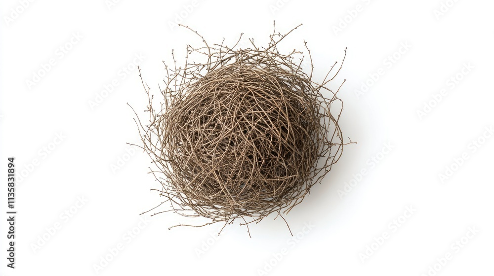 Obraz premium Natural Bird Nest Made of Twigs and Branches Isolated on White Background, Symbolizing Home, Nature, and Wildlife in Minimalist Design Aesthetic