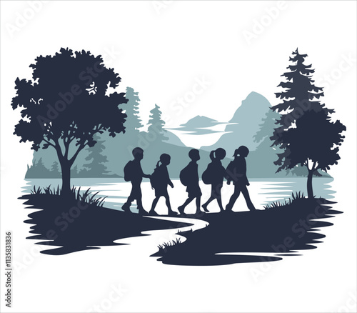 Children are going to school silhouette vector art