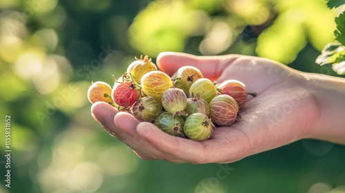 A handful of ripe gooseberries being held, with a blurred garden in the background photo