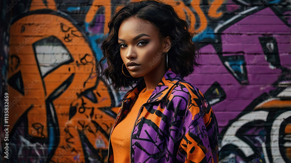 Fototapeta premium Bold and Beautiful Model Girl Wearing Graffiti-Inspired Dress