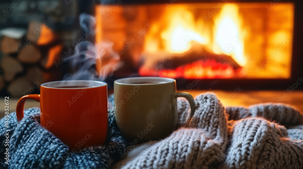 A steaming coffee cup with a fireplace in the background A steaming coffee cup with a fireplace in the background
