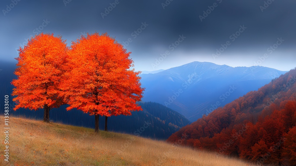 Fototapeta premium Vibrant Autumn Landscape Two Maple Trees on Hilltop Mountain Range Background