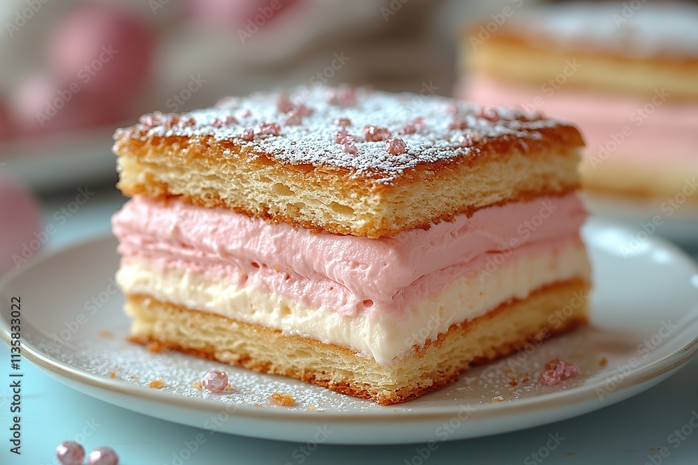 A close-up shot of a delicious layered pastry with pink and white frosting, dusted with powdered sugar and pink sprinkles. A close-up shot of a delicious layered pastry with pink and white frosting, dusted with powdered sugar and pink sprinkles.