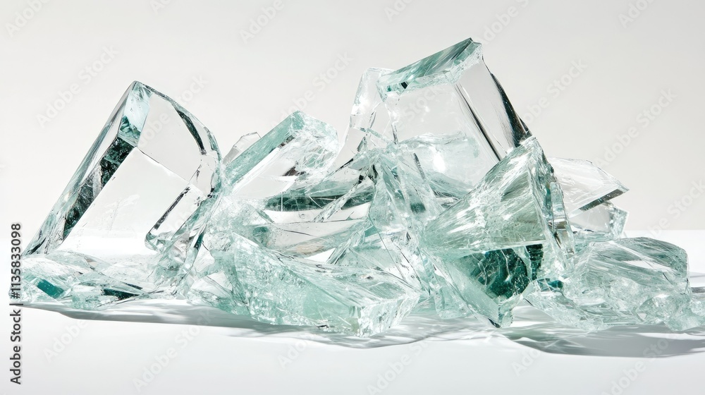 Shattered Glass Pieces Scattered on White Background Showcasing Reflections and Transparency in a Modern Artistic Arrangement Shattered Glass Pieces Scattered on White Background Showcasing Reflections and Transparency in a Modern Artistic Arrangement