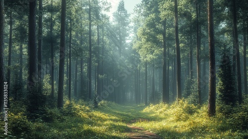 Lush Green Forest with Sunlight Streaming Through the Trees Capturing the Beauty and Tranquility of Nature for Environmental Conservation