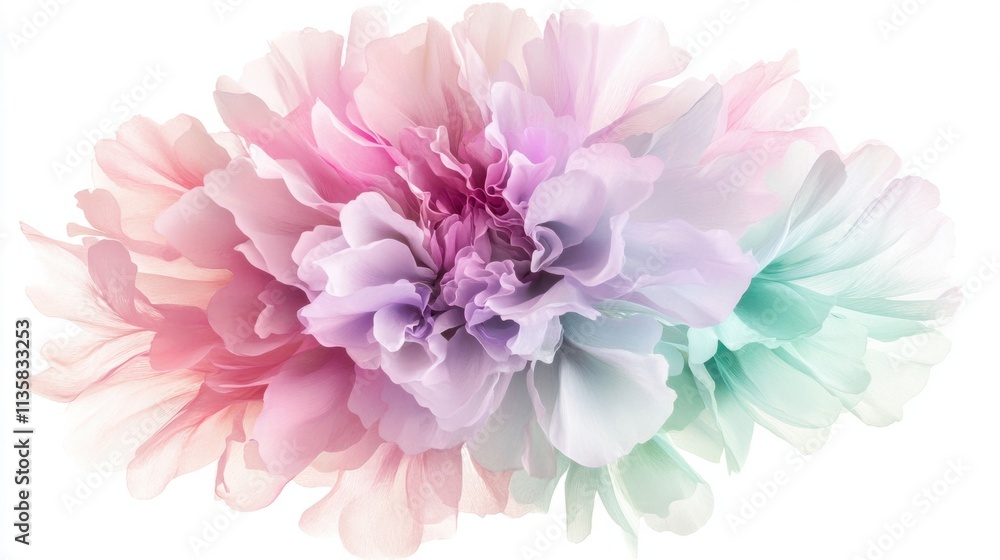 A stunning explosion of pastel shades in soft pink, lavender, and mint green, forming a gentle burst of color, isolated on white A stunning explosion of pastel shades in soft pink, lavender, and mint green, forming a gentle burst of color, isolated on white